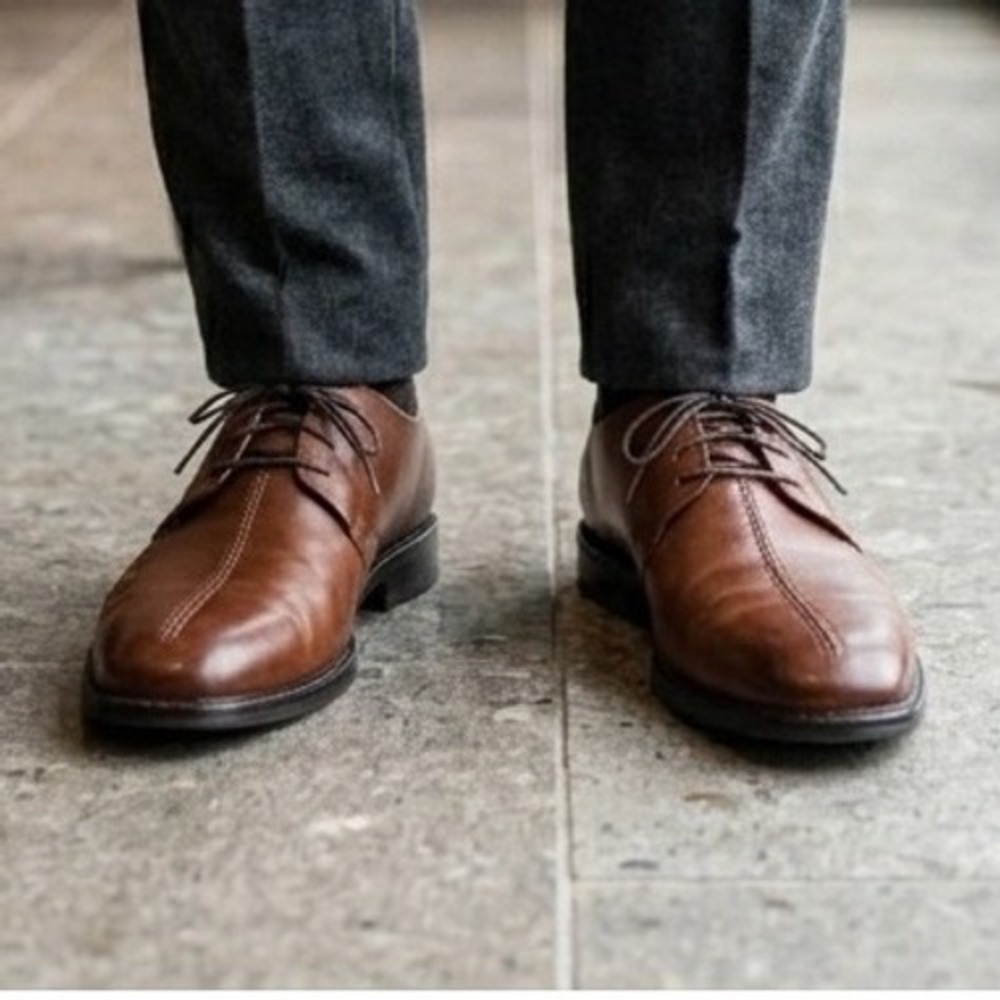 Cole Haan Mens Brown Leather Center Seam Derby Oxford Dress Shoes Cognac